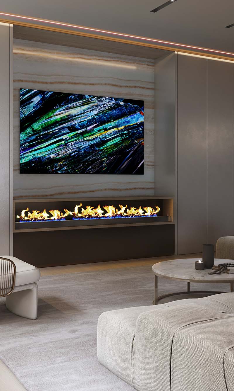 Wall-mounted flat screen television in an elegant media room